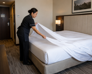 Mulher trocando lençois em quarto de hotel.